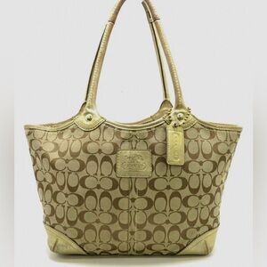 Coach Y2K 12369 Bleeker Signature Tote With Tattersall Lining (Tan/Gold) - EUC